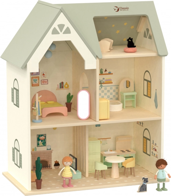 Grande casa delle bambole in legno con mobili