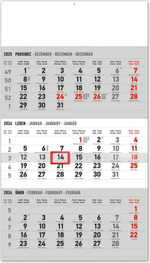 Calendario murale trimestrale con nomi cechi 2026 grigio