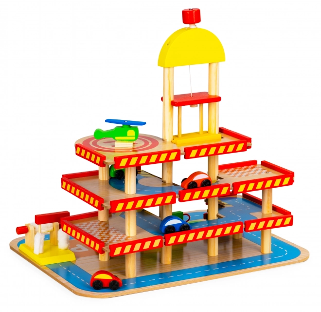 Garage in legno a 3 livelli con ascensore e auto Ecotoys