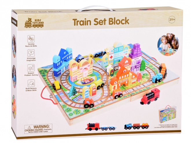 Treno in legno con set di blocchi città e valigetta per bambini