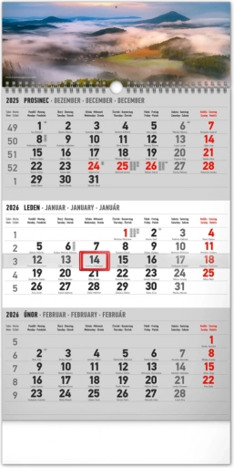 Calendario da parete trimestrale paesaggio grigio 2026 con nomi cechi 29,5 × 43 cm