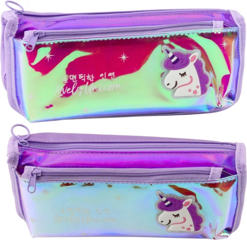 Astuccio scolastico viola olografico con unicorno