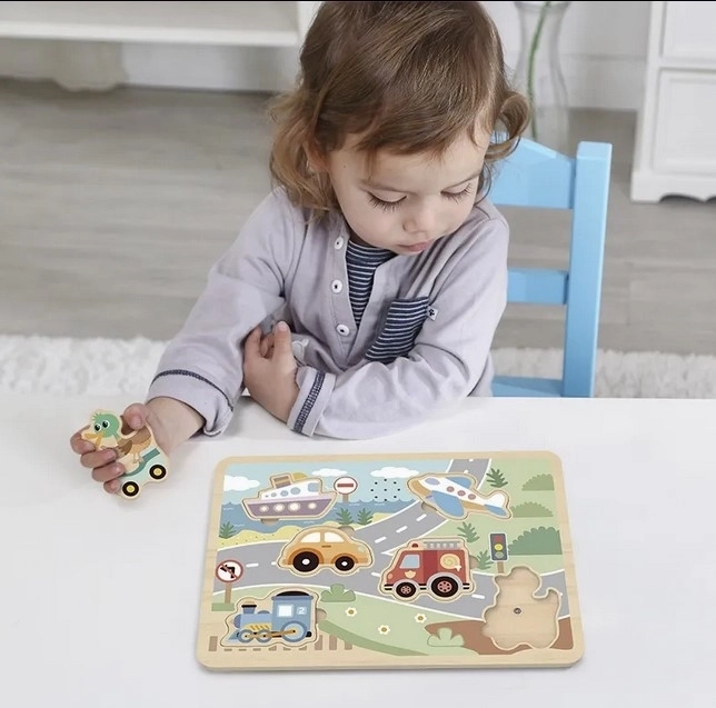 Puzzle interattivi in legno Tooky Toy veicoli