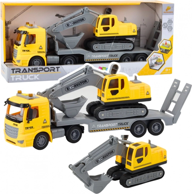 Camion con pianale staccabile e escavatore cingolato con luci e suoni – giallo