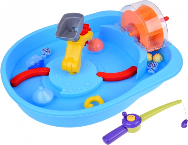 Tavolo d'acqua blu con mulino ad acqua e accessori da pesca