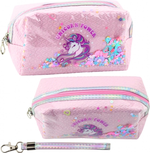 Astuccio rosa fiabesco con unicorno e coriandoli