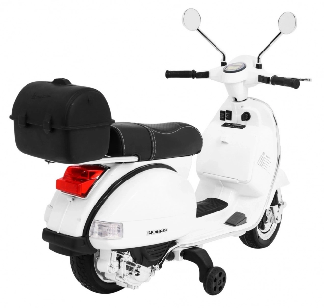 Scooter elettrico Vespa per bambini bianco con rotelle ausiliarie e audio