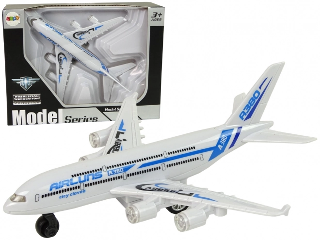 Aereo passeggeri bianco con dettagli blu luci e suoni