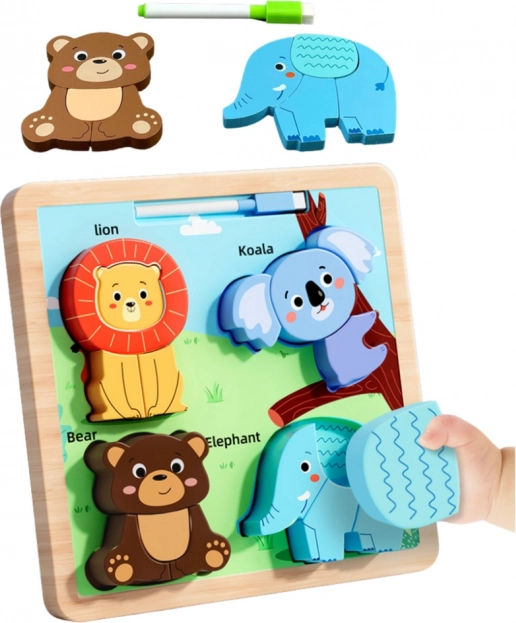 Puzzle educativo in legno Animali con lavagna per disegnare