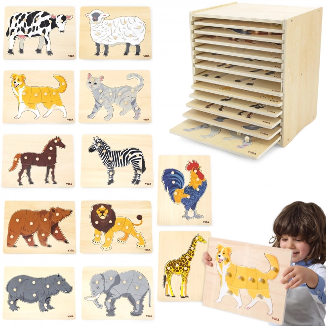 Set di puzzle in legno animali Montessori con supporto