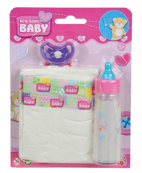 Set Biberon, Succhietto e Pannolino per Bambole New Born Baby