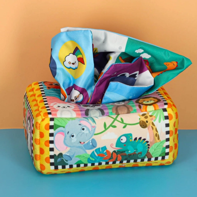 Box sensoriale Montessori con fazzoletti colorati e animaletti