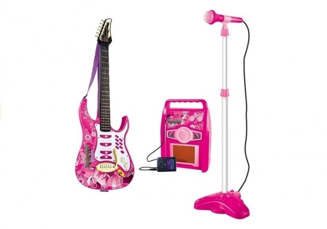 Chitarra elettrica rosa con microfono e amplificatore per bambini
