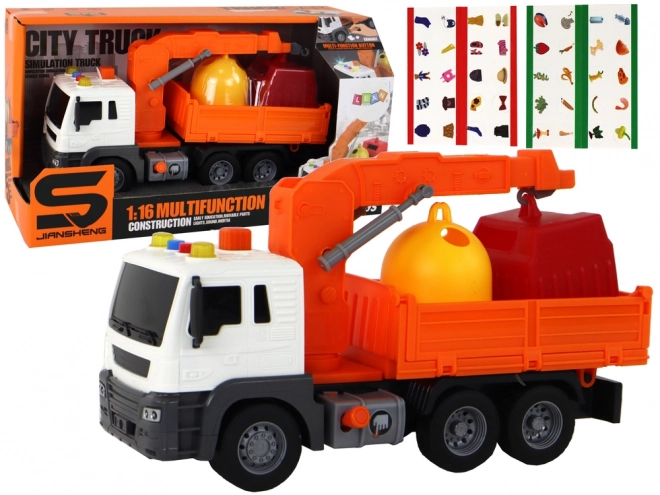 Camion dei rifiuti con gru e frizione arancione 1:16