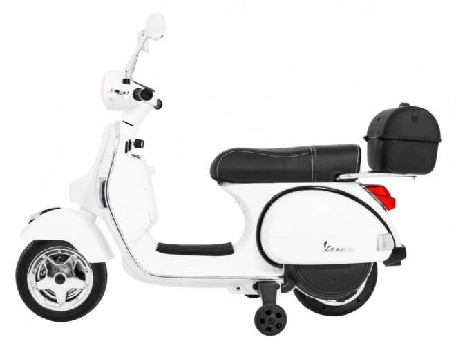 Scooter elettrico Vespa per bambini bianco con rotelle ausiliarie e audio