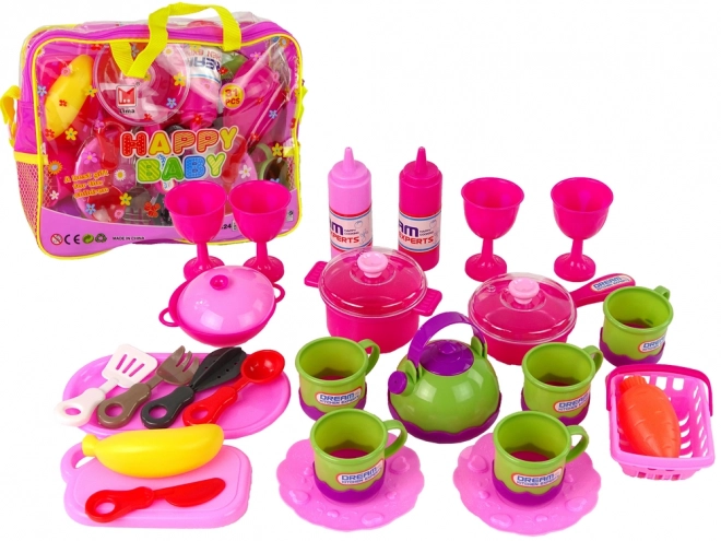 Set rosa di stoviglie in borsa, 31 pezzi