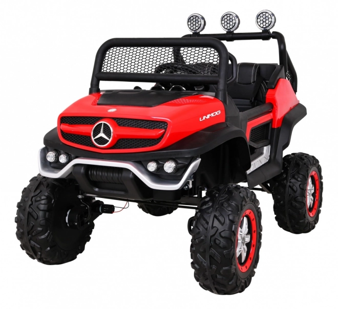 Mercedes Benz Unimog per bambini Rosso + 4x4 + telecomando + portabagagli + avviamento lento + MP3 LED