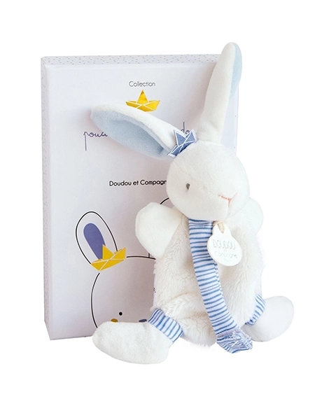 Set regalo con doudou e portaciuccio coniglio blu 15 cm