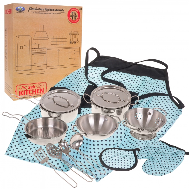 Set di pentole in metallo per bambini 3+ con utensili da cucina e grembiule