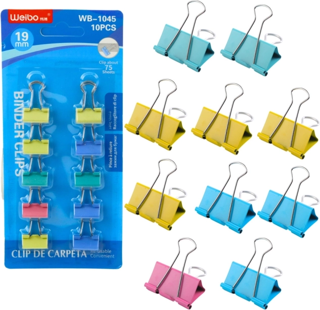 Set di fermagli da ufficio colorati 19 mm 10 pezzi