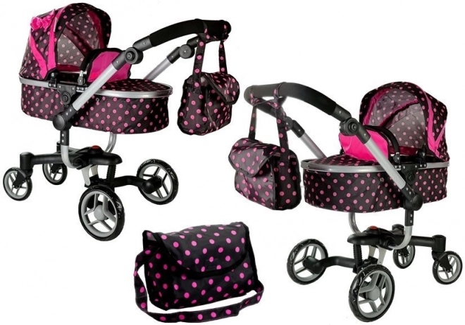 Passeggino per bambole Alice nero a pois rosa