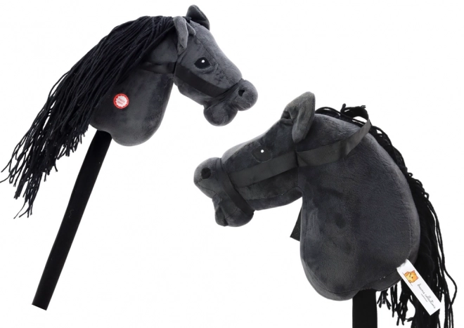 Cavallo di pezza a bastone Hobby Horse nero a criniera lunga con suoni