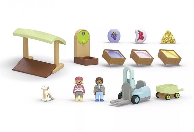 Stragan ecologico con figurine e carrello elevatore