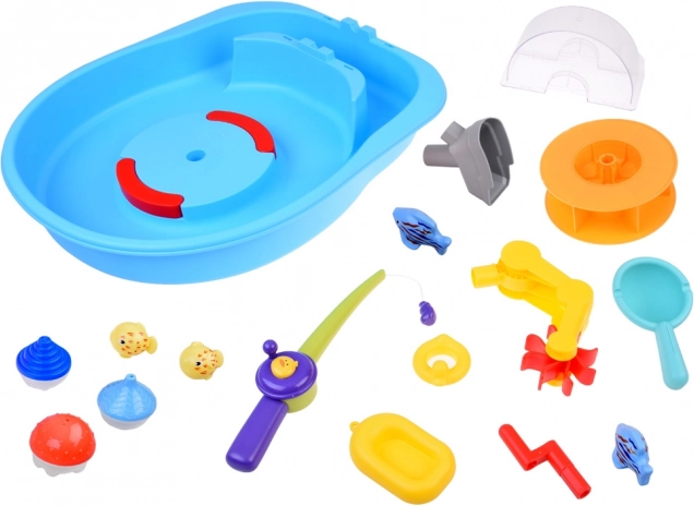 Tavolo d'acqua blu con mulino ad acqua e accessori da pesca