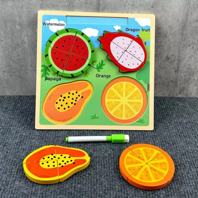 Puzzle educativo in legno con lavagna per disegnare - Frutta