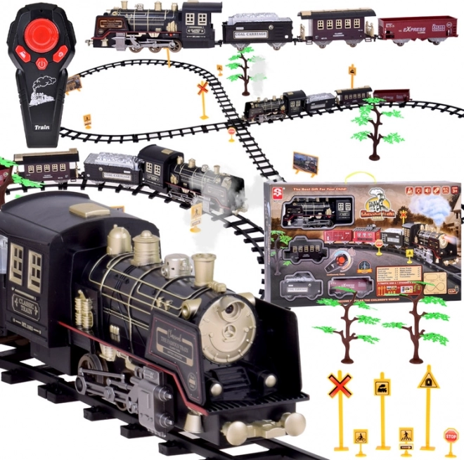 Grande treno retrò con locomotiva a controllo remoto con luce e vapore
