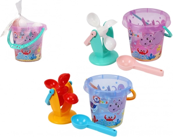 Set di plastica per sabbia e acqua con secchiello e mulino in rete 17 × 16 cm