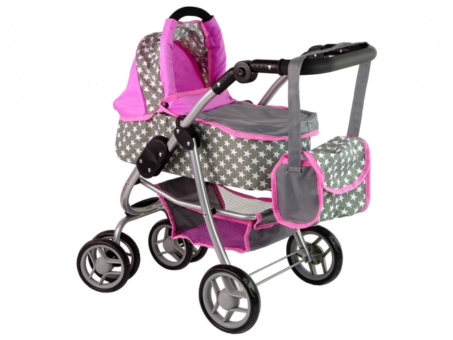 Passeggino Per Bambole 2 in 1 Rosa Stelle