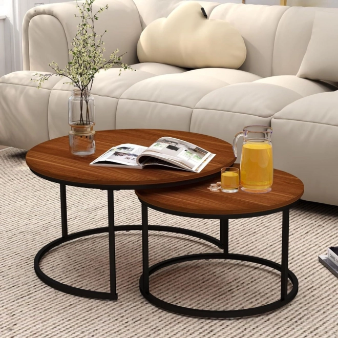 Set di tavolini da caffè rotondi 2 in 1 in legno naturale