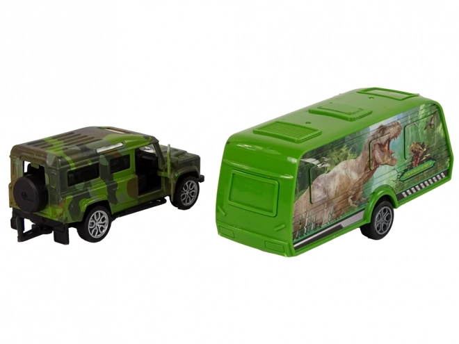 Set di veicoli Jeep con rimorchio e dinosauri