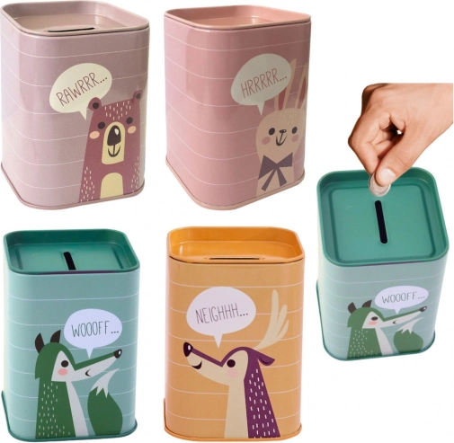 Salvadanio per bambini in metallo con animaletti 11 × 8 cm