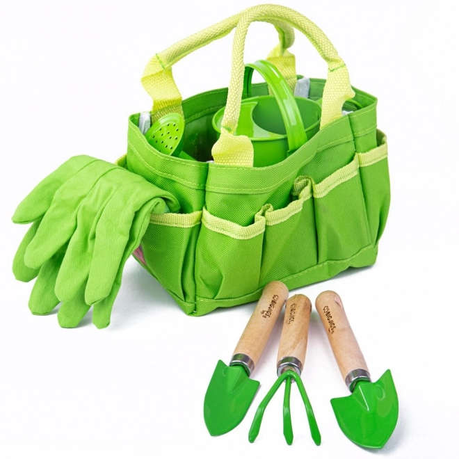 Set di attrezzi da giardino Bigjigs Toys in borsa di tela verde