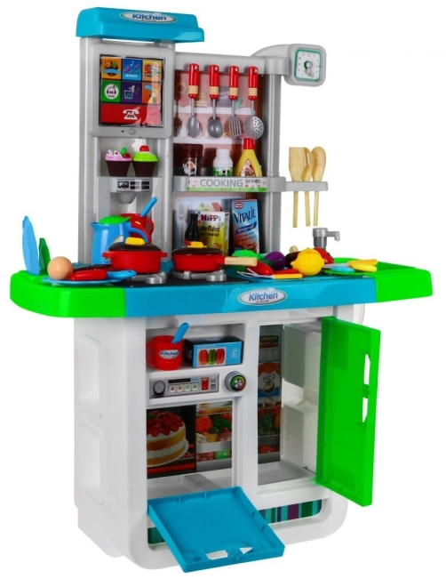 Grande cucina interattiva blu per bambini 3+ con fornelli, rubinetto e pannello audio – Blu