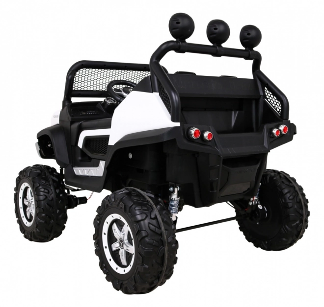 Mercedes Benz Unimog per bambini bianco + trazione 4x4 + telecomando + portabagagli + partenza lenta + MP3 LED