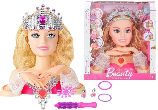 Testa di bambola per styling con corona e accessori