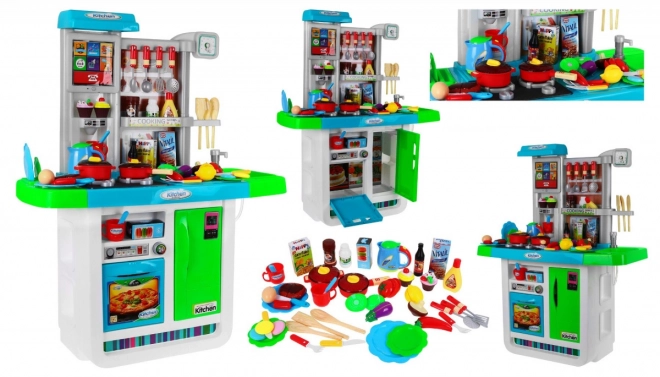 Grande cucina interattiva blu per bambini 3+ con fornelli, rubinetto e pannello audio