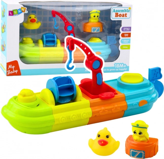 Giocattolo da bagno Nave con elementi colorati, Gru, Gancio, Paperella e Tartaruga