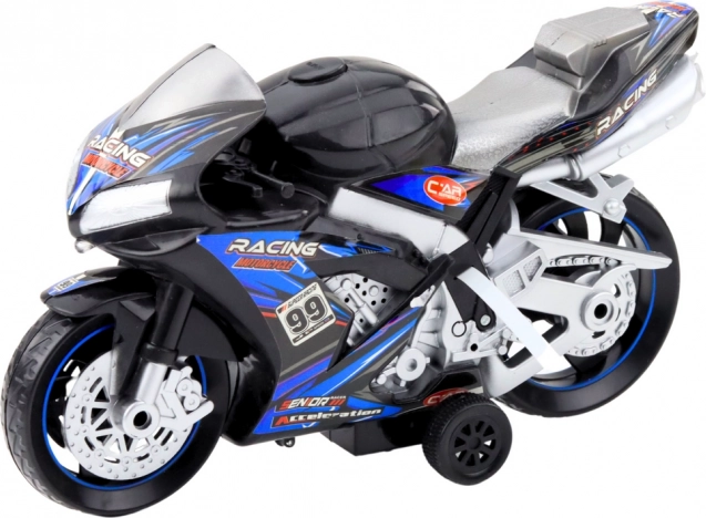Moto da corsa nero-blu con effetti luminosi e sonori