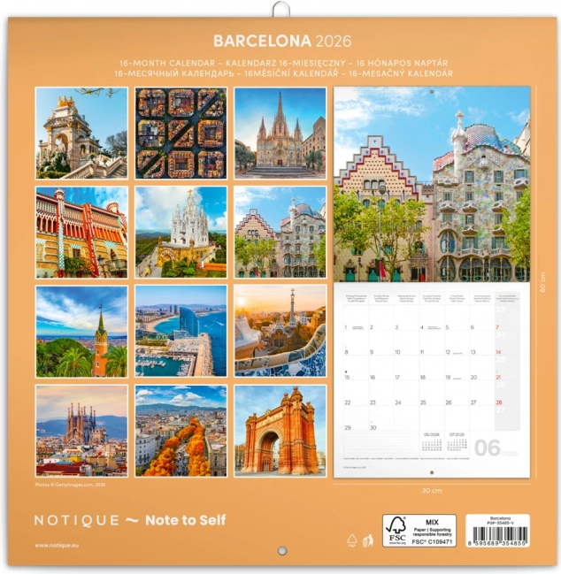 Calendario murale Barcellona 2026, 30 x 30 cm