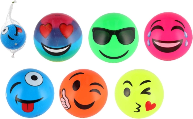 Pallone da gioco con smiley 11 cm, gonfiato in rete