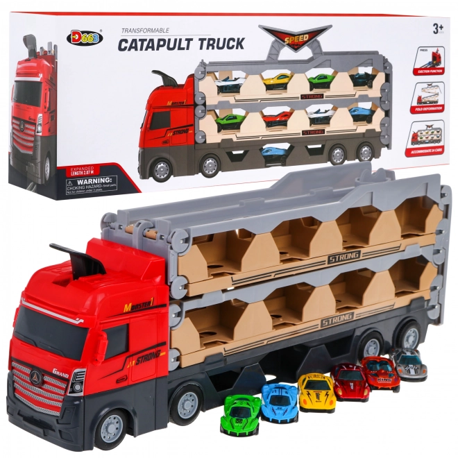 Set 3 in 1 Camion Con Rimorchio + Auto da Corsa per Bambini 3+ Pista con Catapulta