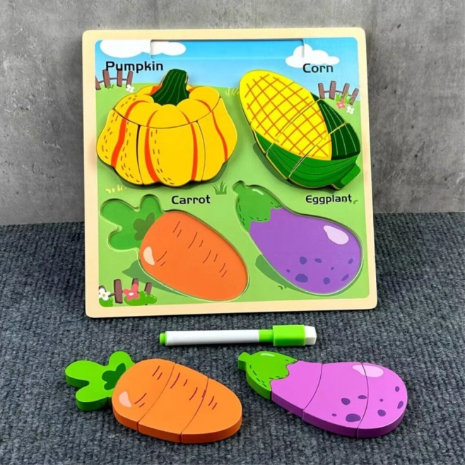 Puzzle educativo in legno con verdure e lavagna
