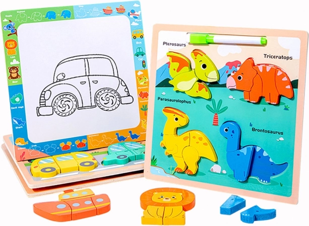 Puzzle educativo in legno con lavagna per disegnare Dinosauri