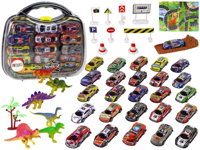 Set di auto sportive e dinosauri con accessori e segnaletica stradale