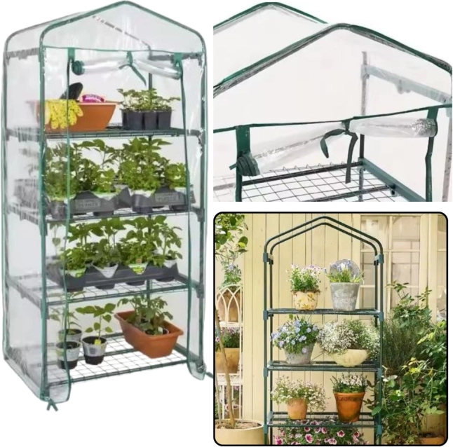 Mini serra balcone giardino 4 ripiani, metallo, foglio in PVC 69 x 49 x 157 cm