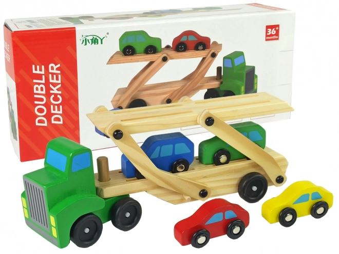 Carro attrezzi in legno verde con automobili